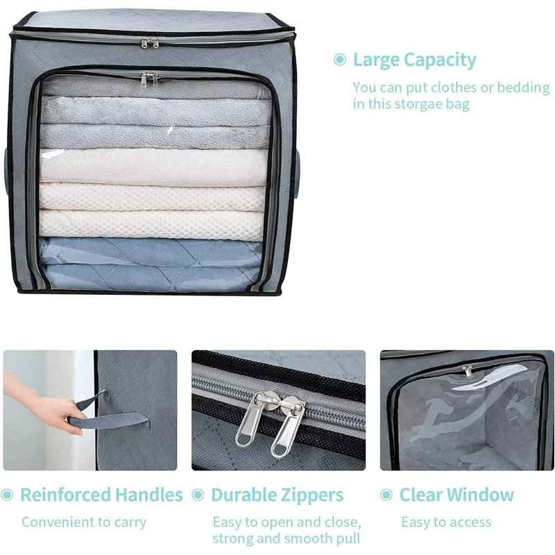 Organisateurs de placard pliables pour chambre à coucher, couvertures, literie, sacs de rangement avec poignée renforcée, fermeture à glissière robuste et fenêtre transparente, grande capacité de 100 L