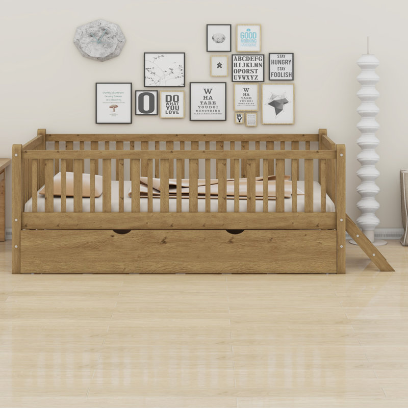 Wood Platform Bed With Guardrail And Trundle, Walnut
