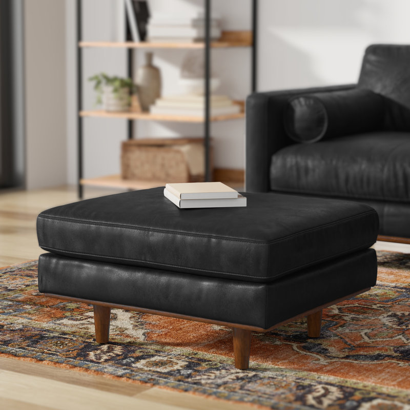 Morrison 33"W Upholstered Ottoman with Solid Wood Legs, Black Genuine Leather