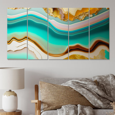 Liquide harmonie agate bleue or turquoise IV - formes abstraites, reproduction d'art sur toile - 5 panneaux égaux