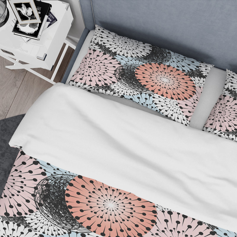  Ensemble de housse de couette rétro fleur abstraite I Mid-Century, Housse de couette double / grand et 2 taies