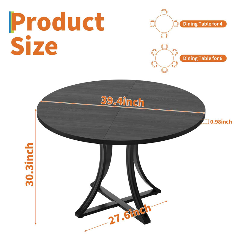 Modern Industrial Farmhouse Round Dining Table, 2–6 Seater Pedestal Base Table With Wood Grain Finish, Easy Assembly, Black