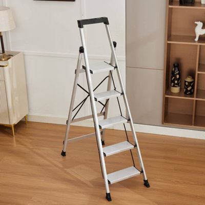 Aluminum 5 Step Ladder, Lightweight Ladders for Home with Tool Tray, Anti-Slip Folding Step Stool for Adults, Strudy Portable 330LBS Safety for House Outdoor Work