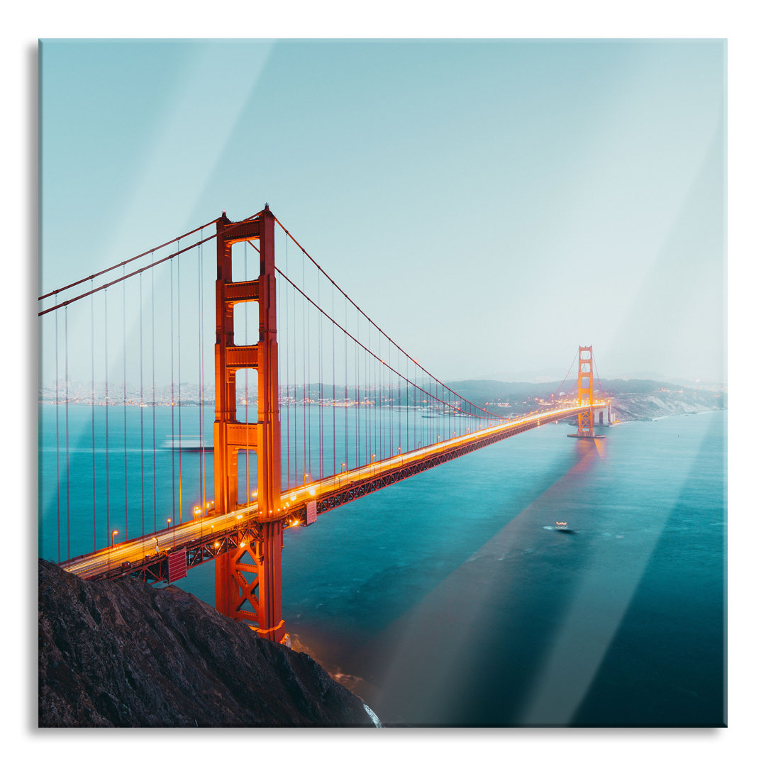 Glasbild Quadratisch | Wandbild Auf Echtglas | Golden Gate Bridge In Der Abenddämmerung || Inkl. Aufhängung Und Abstands...