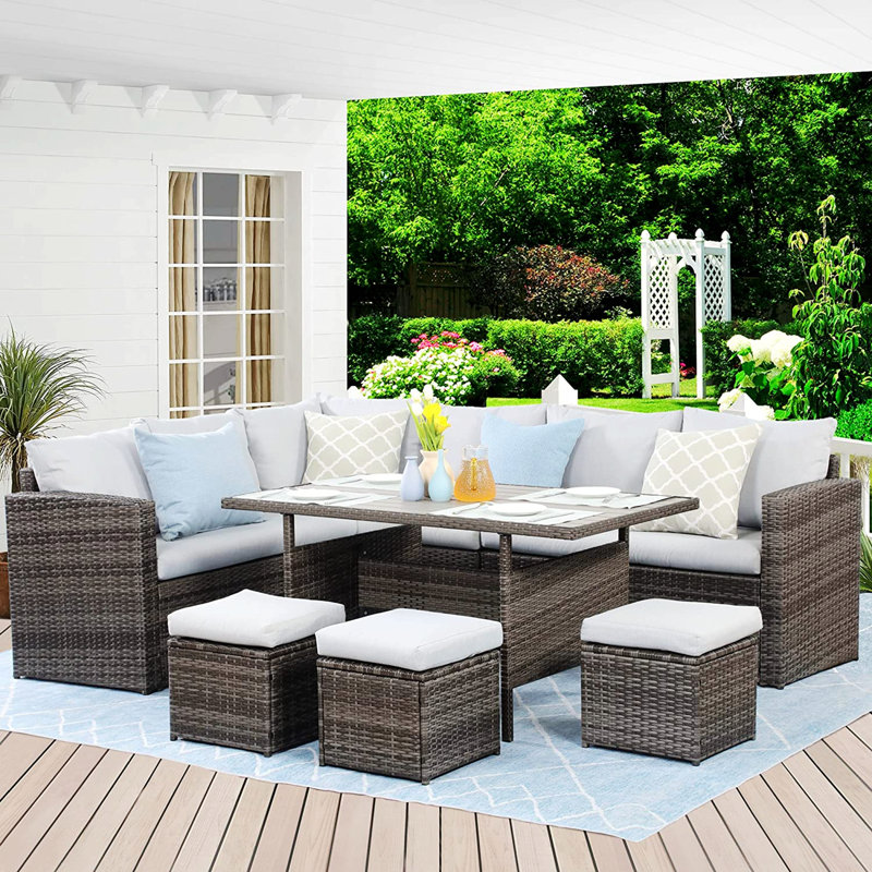 Ensemble de canapé modulaire en rotin 7 pièces PE, Blanc, Gris