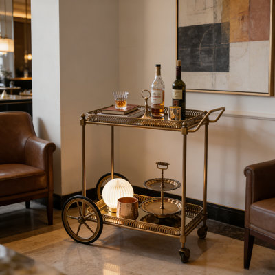 37.4" Vintage Style Bar Cart with Distressed Antique Brass Finish