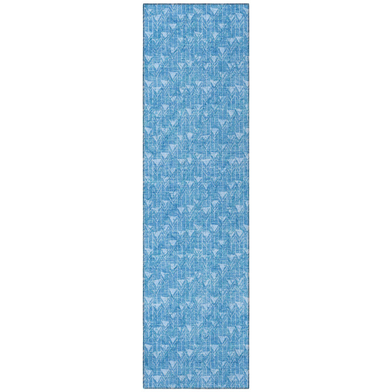 8' Runner Blue Geometric Washable Non Skid Indoor Outdoor Runner Rug