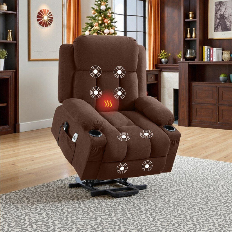 Power Lift Recliner Chair with Electric Heat, Vibration Massage Remote Control, USB Port and Storage Pockets, Brown