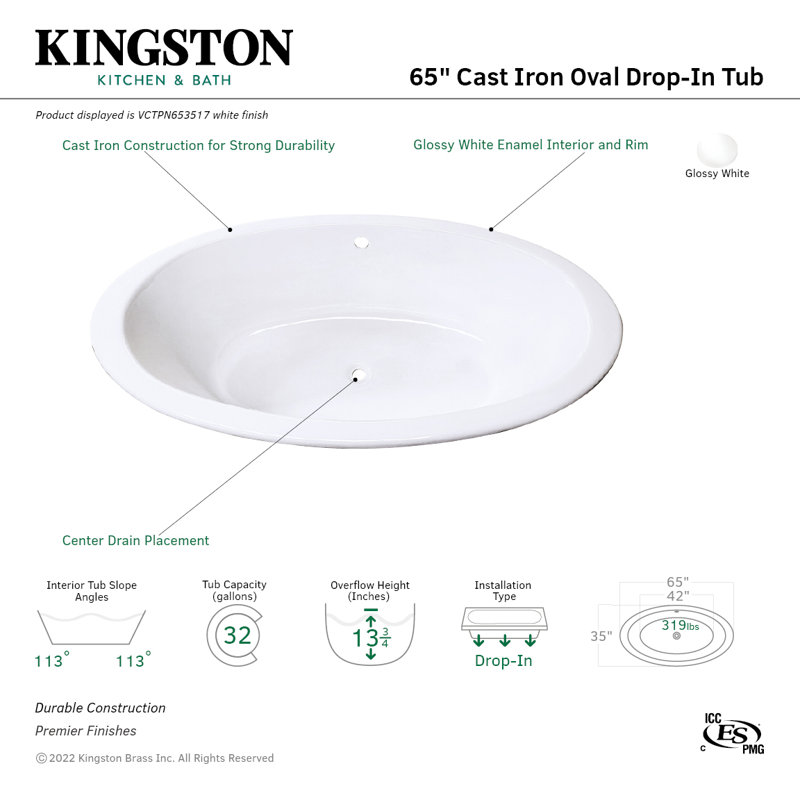Kingston Brass Aqua Eden 65-Inch Cast Iron Oval Drop-In Tub with Center Drain