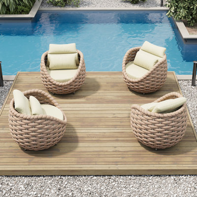 Ensemble de 4 chaises d'extérieur en osier avec coussins et coussins décoratifs Wicker