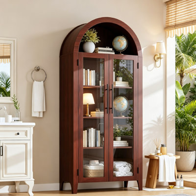 63" Stylish Arched Design Kitchen Pantry Storage Cabinet - Farmhouse 5-Tier Display Shelf with 2 Large Glass Doors and Adjustable Shelf, Versatile Cupboard for Kitchen, Dining Room, Living Room.