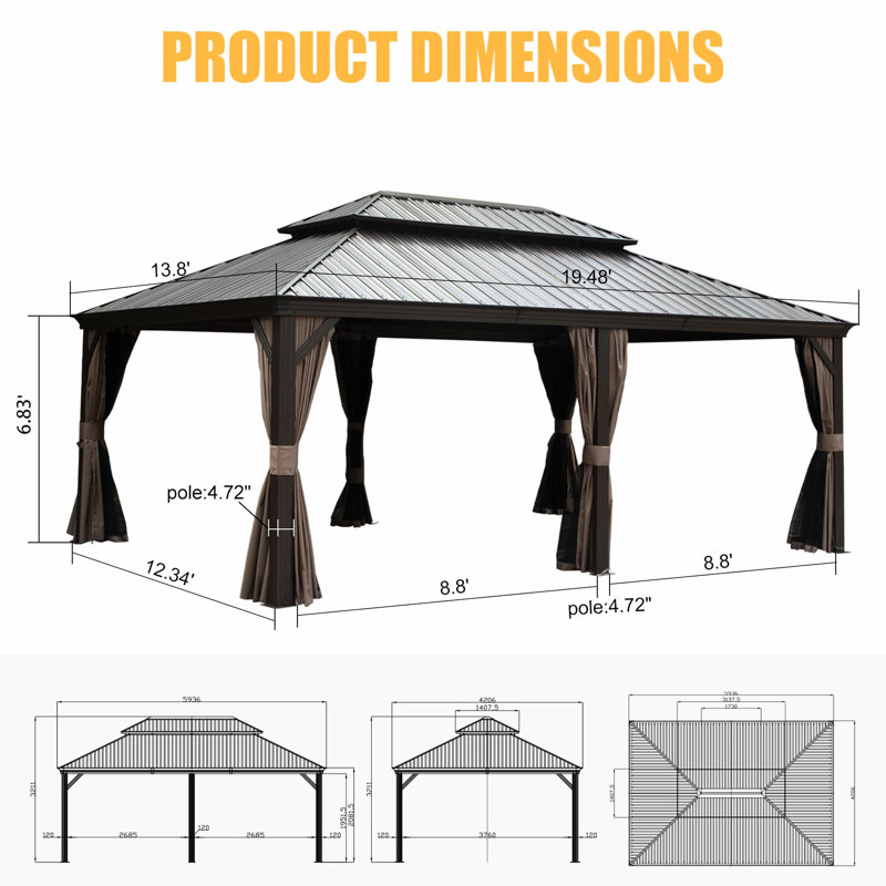 Grand pavillon de jardin avec toit en acier galvanisé et cadre en aluminium compatible 14 x 20 pi