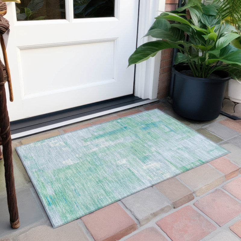 Sky Blue and Green Synthetic Flat Woven Washable Rug