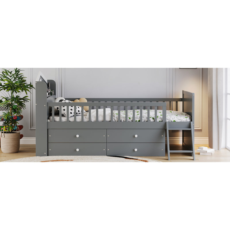 Structure de lit simple avec rangement 4 tiroirs, Gris