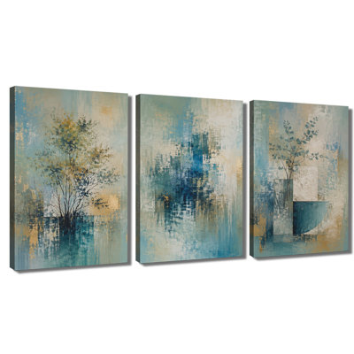 3‑panel wall art Teal Gold Textured Abstract Tree Wrapped Canvas Print