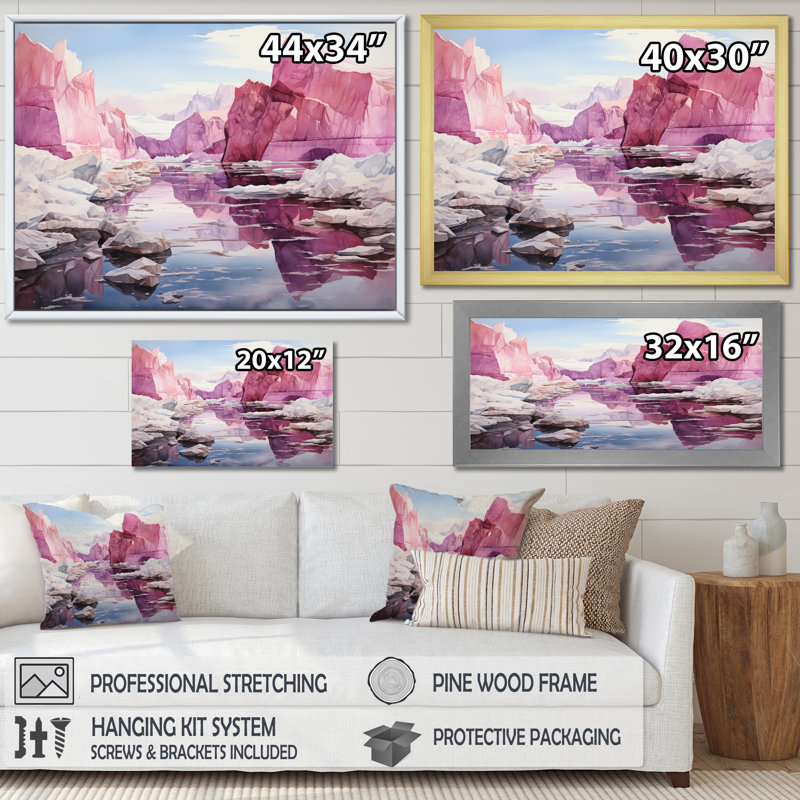 " Pink Iceberg Arctic Mirage ", H 30 po x l 40 po x P 1,5 po, Cadre flottant doré