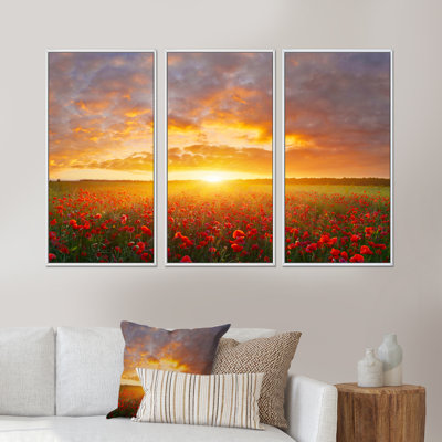 «Poppy Field sous Bright Sunset», ensemble de 3 reproductions encadrées sur toile