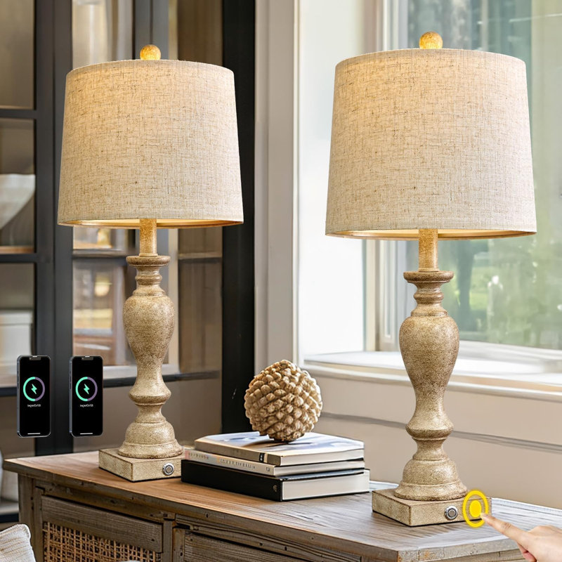 Ensemble de 2 lampes de table de 25,75 po pour le salon, la chambre à coucher, la lampe de chevet à commande tactile à 3 réglages d'intensité, la table de chevet moderne et l'abat-jour en tissu de style rétro