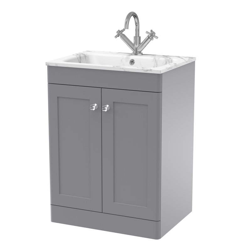 nuie Classique 600mm Satin Grey 2 Door Floor Standing Vanity Unit With 1 Tap Hole Stone Basin, 61 cm W, Satin Grey