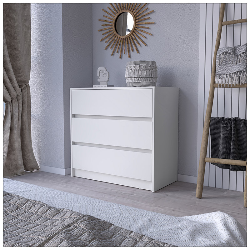 Commode Maldus, trois tiroirs, finition blanche, Blanc