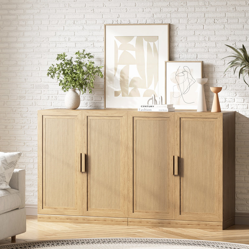 Rattan Door Sideboard Buffet Storage Cabinets with Adjustable Shelves, Natural, 36" H x 31" W x 16" D