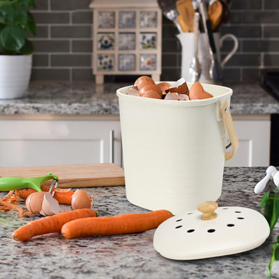 Bac à compost de cuisine avec couvercle et 2 filtres à charbon, seau à compost sans odeur pour comptoir de 1,3 gallon, contenant à déchets en métal blanc pour déchets de cuisine