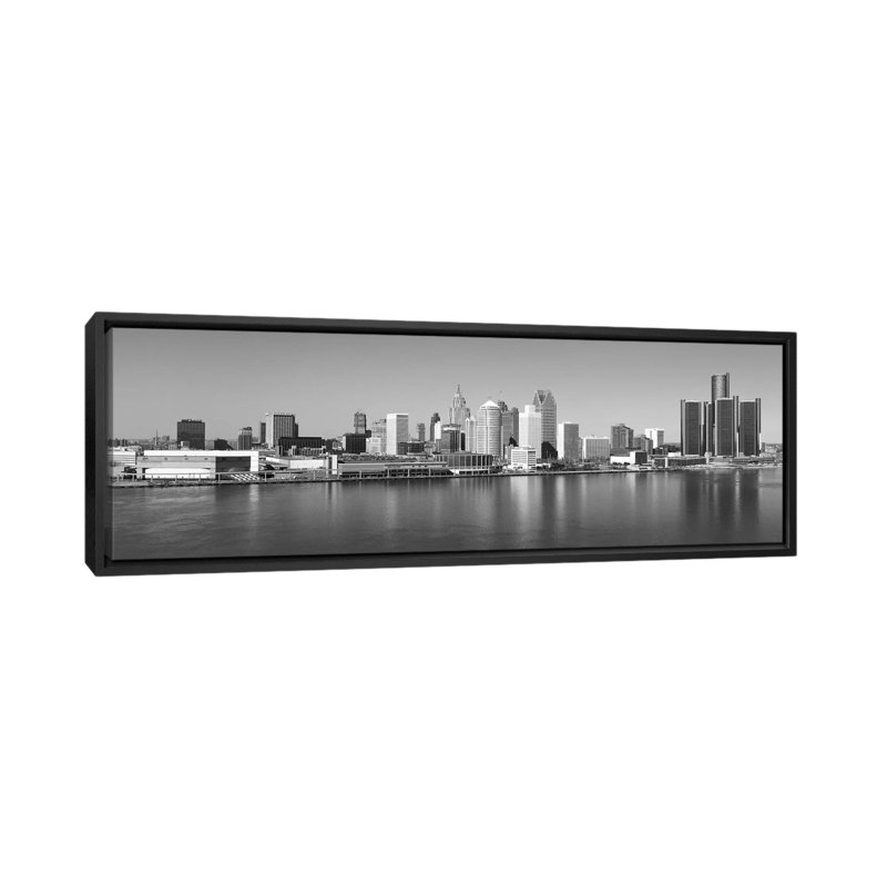 « détroit horizon cityscape », reproduction de photo sur toile tendue, H 12 po x l 36 po x P 1,5 po, Toile avec cadre noir