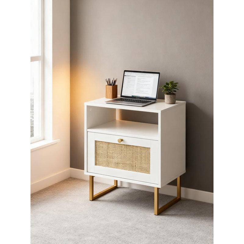 Table de chevet en rotin avec rangement, table de chevet moderne Mid-Century avec tiroir et tablette ouverte, table d'appoint Boho Farmhouse pour chambre à coucher et salon