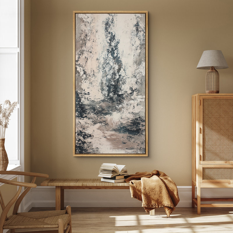 «Soft Neutral Waterfall Landscape in Minimal Wash Style», impression sur toile encadrée pour chambre principale, Naturel