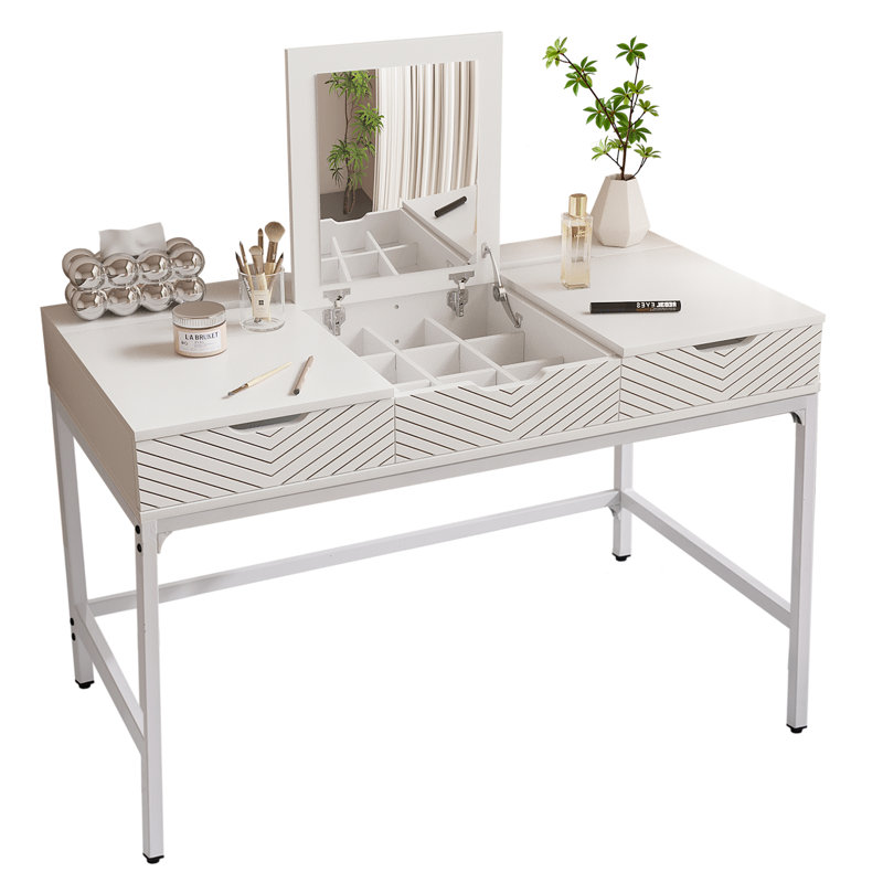 Multi-functional Dressing & Office Table With Hidden Flip Mirror, Spacious Storage, And Compact Design , White