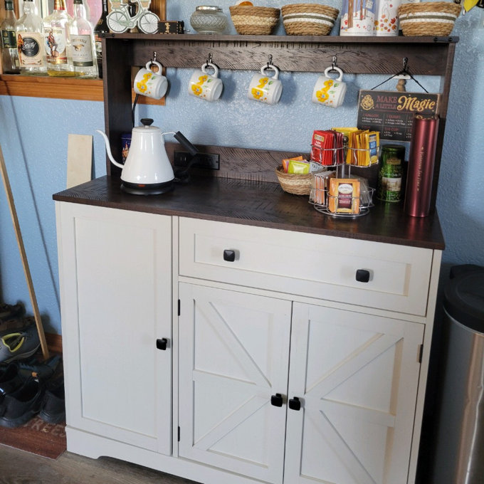 39.4'' Farmhouse Coffee Bar Cabinet with Hooks and Charging Station Buffet Cabinets with Upper Rack Adjustable Shelves - White/Brown