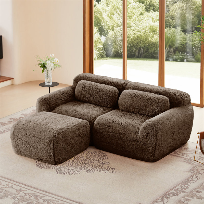80.3" L-Shaped 2-Seater Sofa with Ottoman, Chocolate Fabric