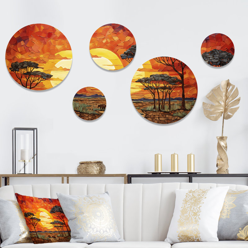 Savannah coucher de soleil en safari africain dans les teintes 2 - ensemble d'art mural rond mosaïque bohème de 5