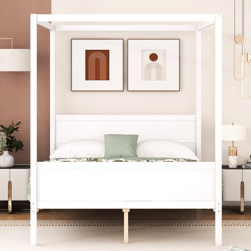 Grand lit à baldaquin blanc avec tête de lit blanc. Support de lattes de conception moderne. Espace de rangement inclus. Construire. L 83,9 po x l 62,7 po x H 74,8 po. Capacité de poids de 500 lb. Tête de lit format sans effort