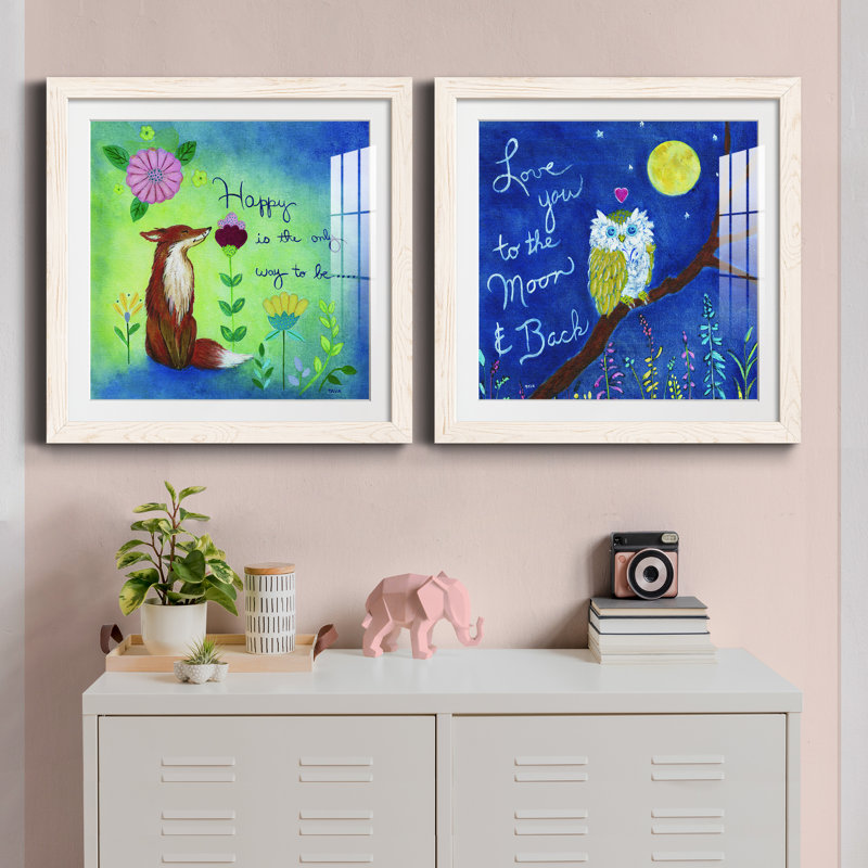 Happy Fox - ensemble de 2 peintures encadrées, Cadre noir, H 34,5 po x l 69 po x P 1 po