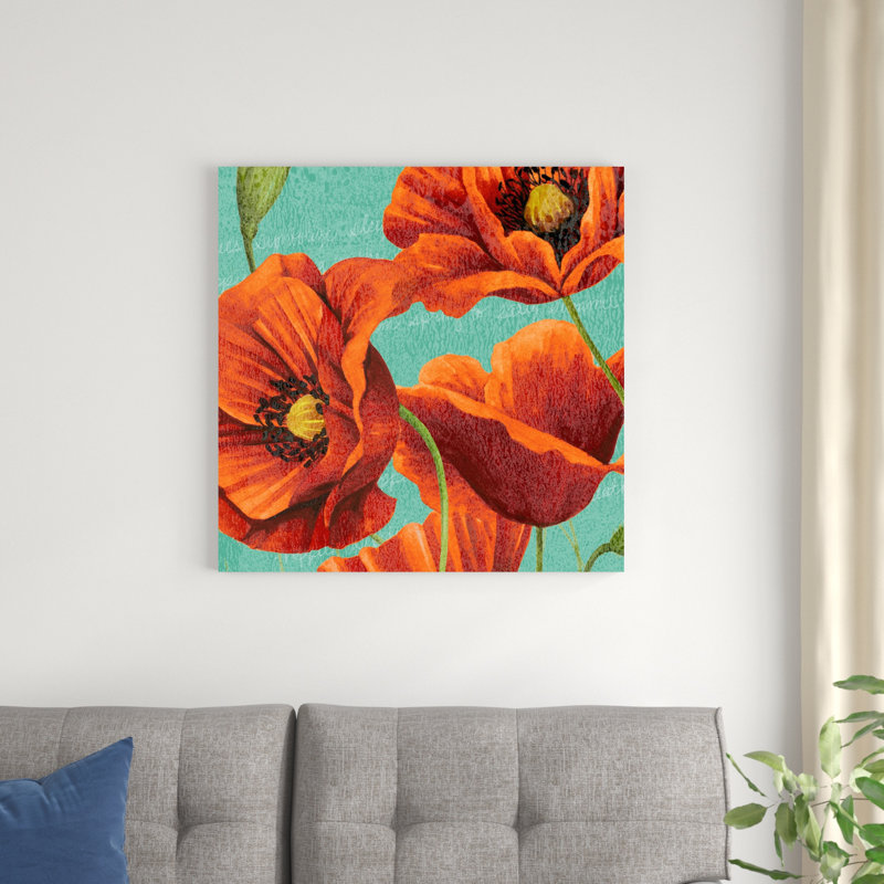 Coquelicots rouges sur bleu sarcelle I, H 30 po x l 30 po