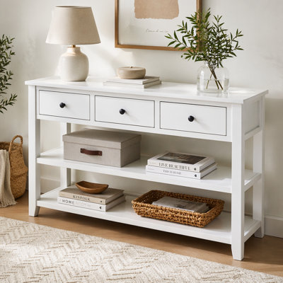 Retro Design Console Table with Two Open Shelves, Pine Solid Wood Frame and Legs