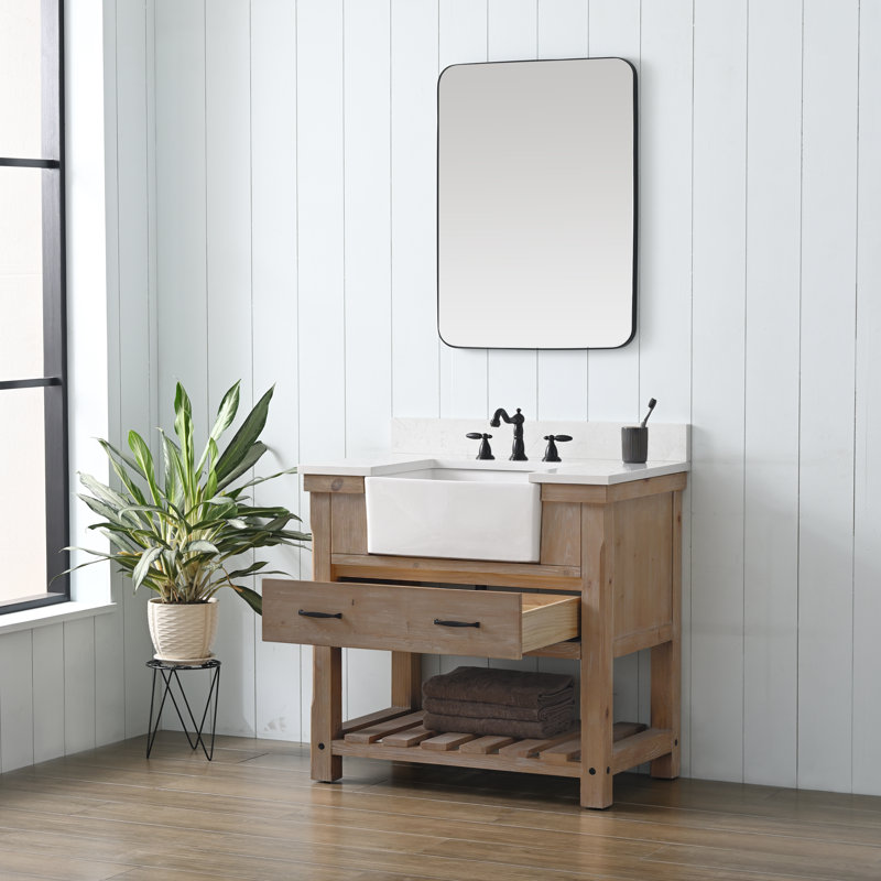 Meuble-lavabo simple Curiel, Naturel patiné / noir mat