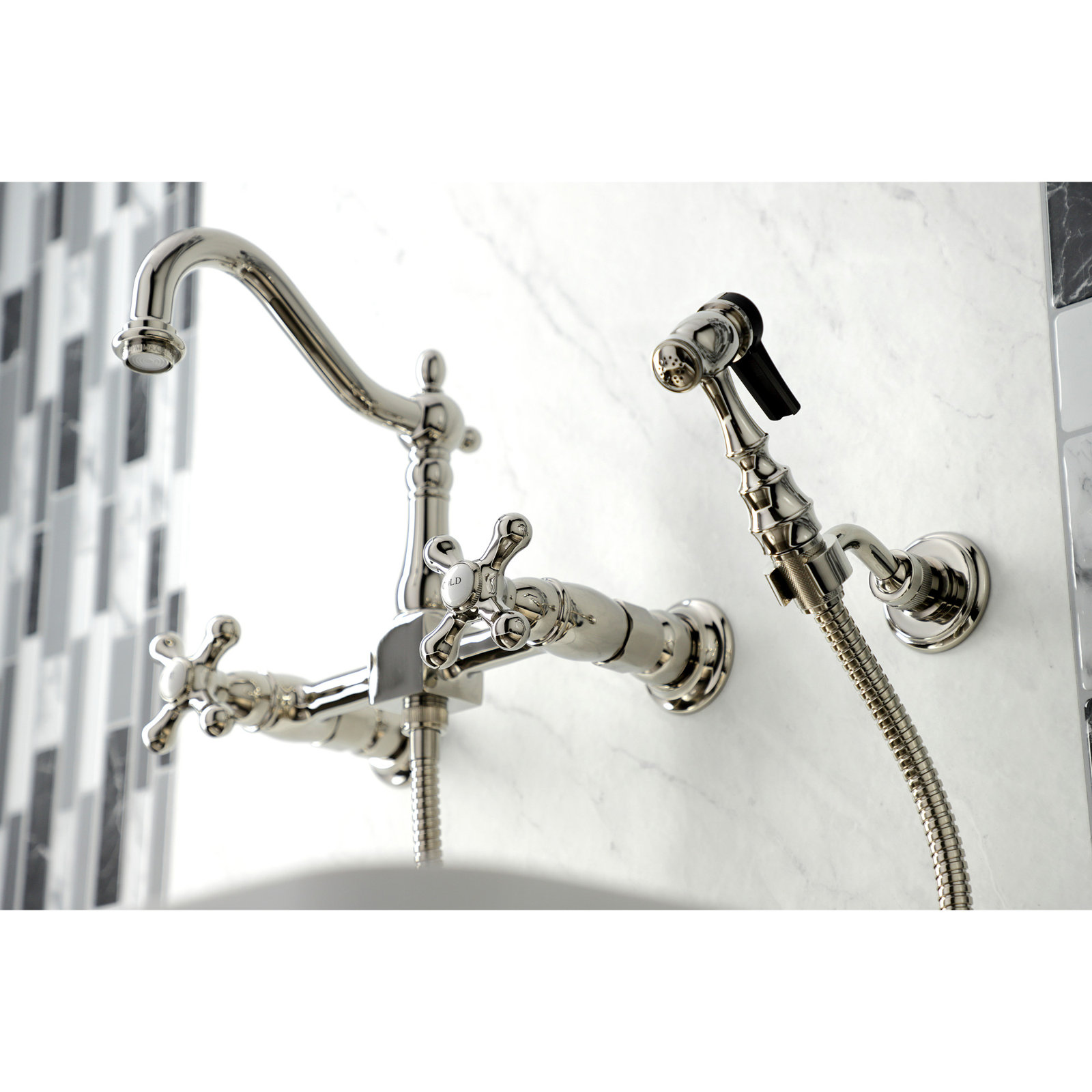 Kingston Brass Heritage Double-Handle 3-Hole Wall-Mount Bridge Kitchen Faucet with Brass Sprayer, Polished Nickel