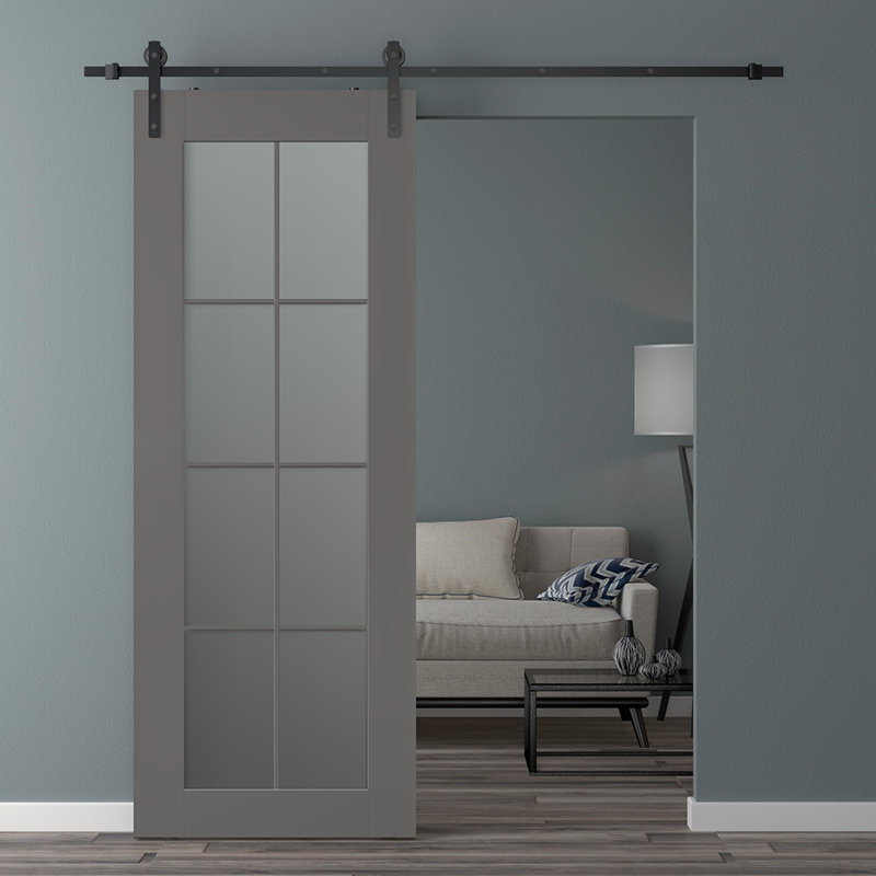 Porte de grange en bois manufacturé et en verre givré 8 Lite avec ensemble de quincaillerie Avon 8 Lite, 17,75 po x 79,37 po