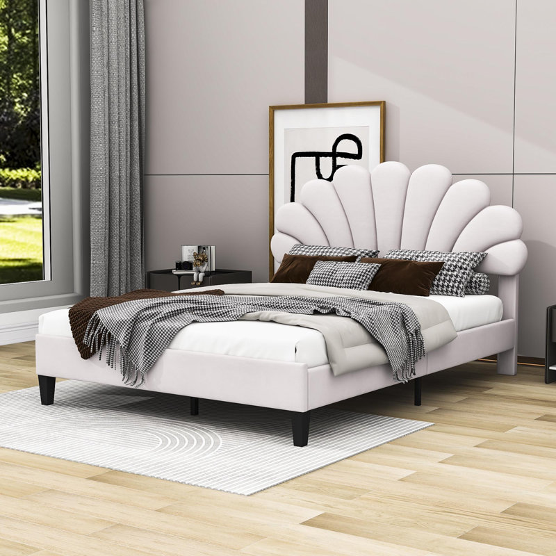 Lit plateforme tapissier en bois avec tête de lit Mireia, Beige, Grand