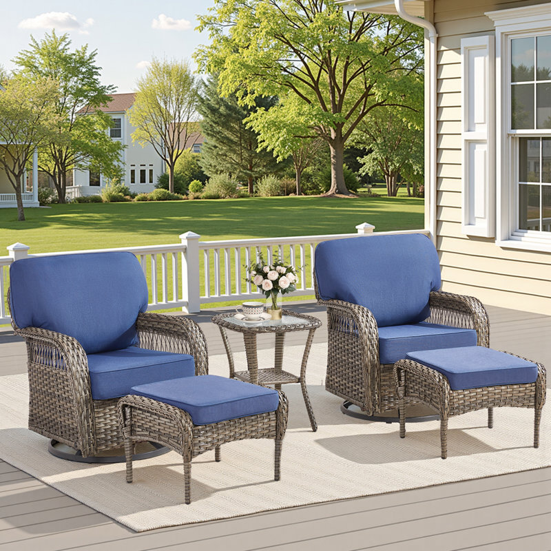 Ensemble de 5 pièces en rotin d'extérieur de qualité supérieure, 2 chaises coulissantes pivotantes avec dossiers en forme de T, 2 repose-pieds multifonctionnels et une table d'appoint en verre renforcé pour le patio, le jardin, la piscine et la cour