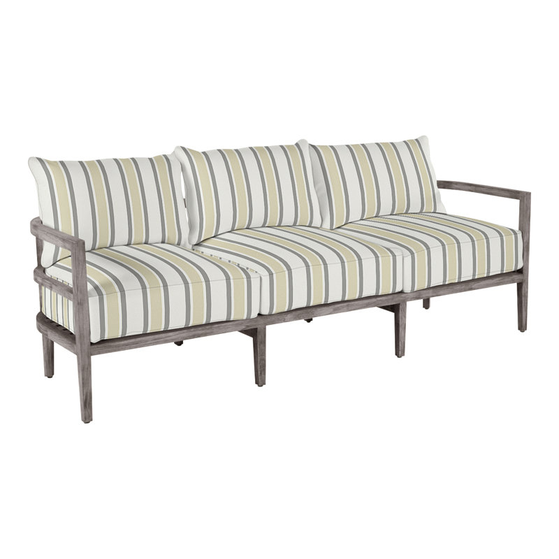 Santa Barbara 87" Wide Outdoor Teak Patio Sofa with Cushions, No Welt, Herringbone Sand, Natural Teak