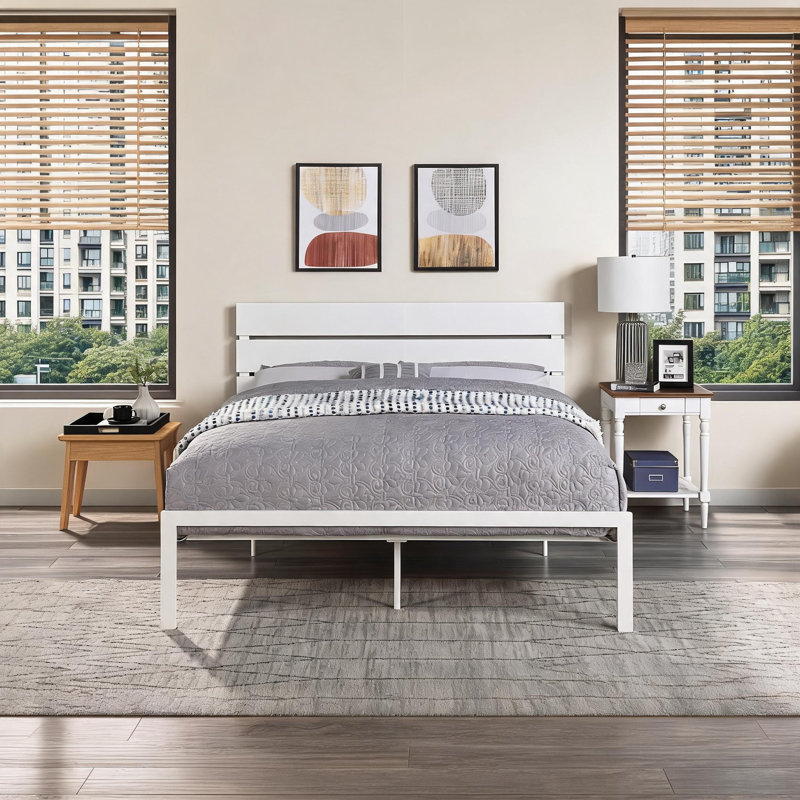 Bedroom Use Queen Size Bed Frame Contemporary Casual Style Solid Metal Construction Soft White Finished Furniture
