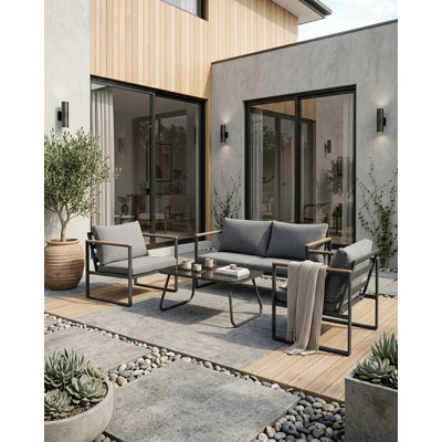 4 Piece Patio Furniture Set,Metal Outdoor Furniture Couch with Clear Tempered Glass Coffee Table,All Weather Patio Conversation Sets with Loveseat & Grey Washable Cushions for Balcony,Porch