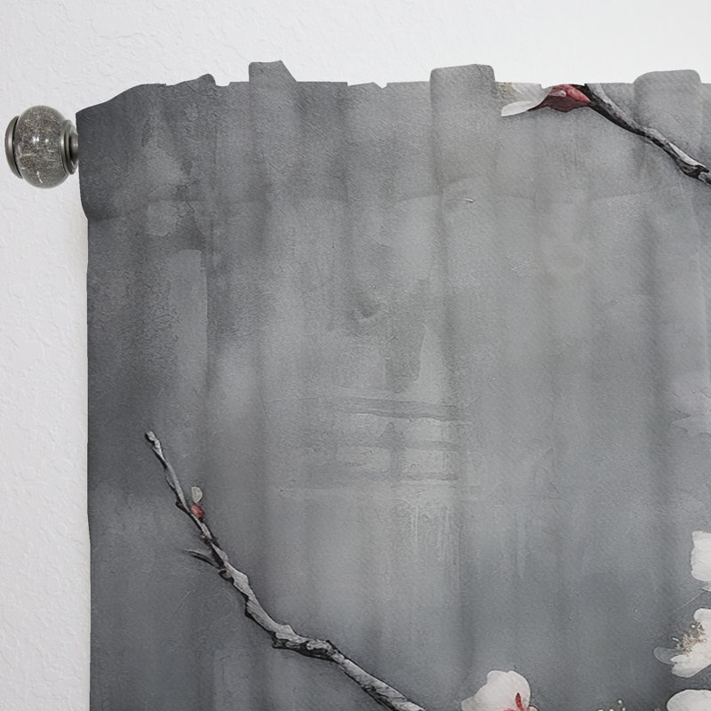 Elu Cherry Blossoms White On 20 Shades Of Grey - Cherry Curtain - Velvet Room Darkening - 1 panel, 52" W x 108" L