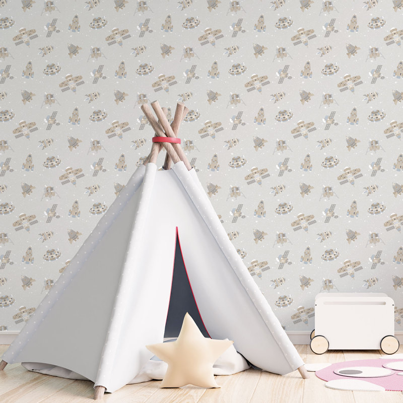 Tiny Tots 2 Glittery Spaceships Design 33' L x 21" W Wallpaper Roll, Greige/Tan