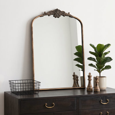 24"x36" Large French Arched Decorative Wall Mirror, Antique Black‑Gold Finish for Bedroom