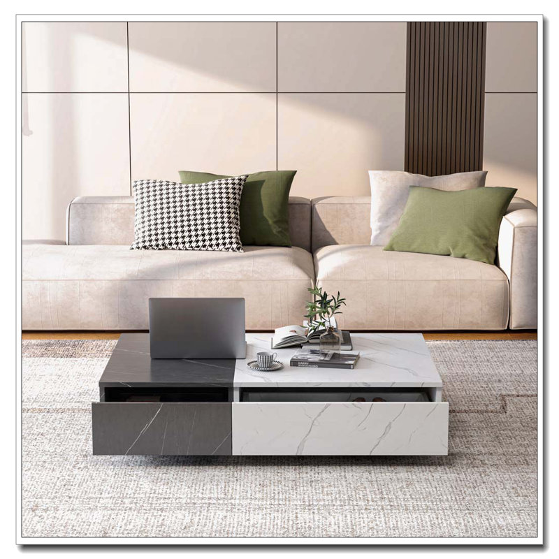 Storage Coffee Table, Black/White, Marble