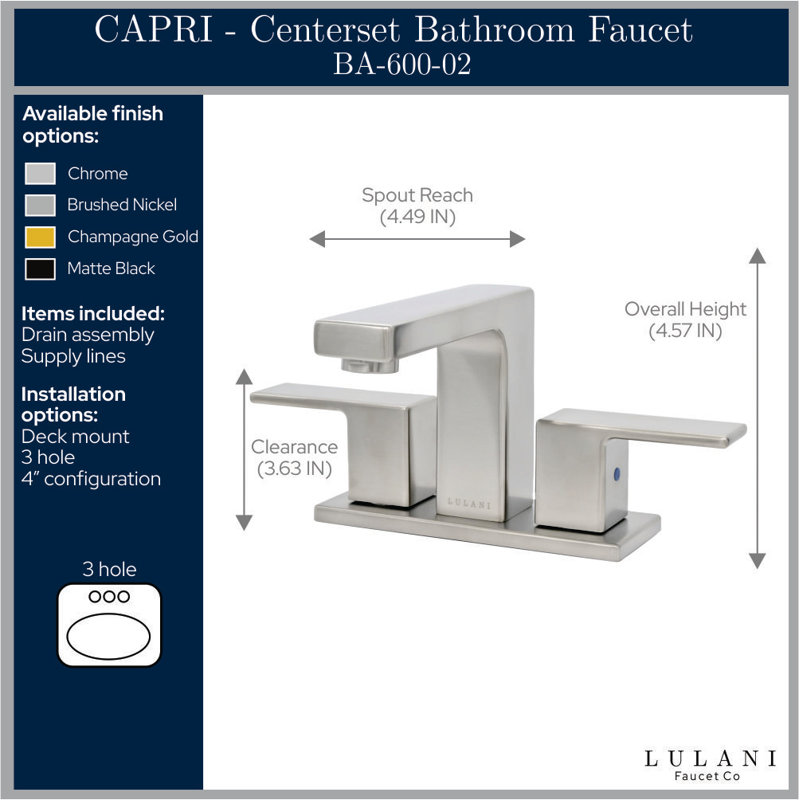 Lulani Centerset Bathroom Faucet with Drain Assembly, Chrome